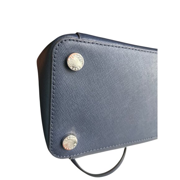 Michael Kors Navy Leather Tote Handbag With Silver MK Charm & Zipper Closure - Picture 12 of 14
